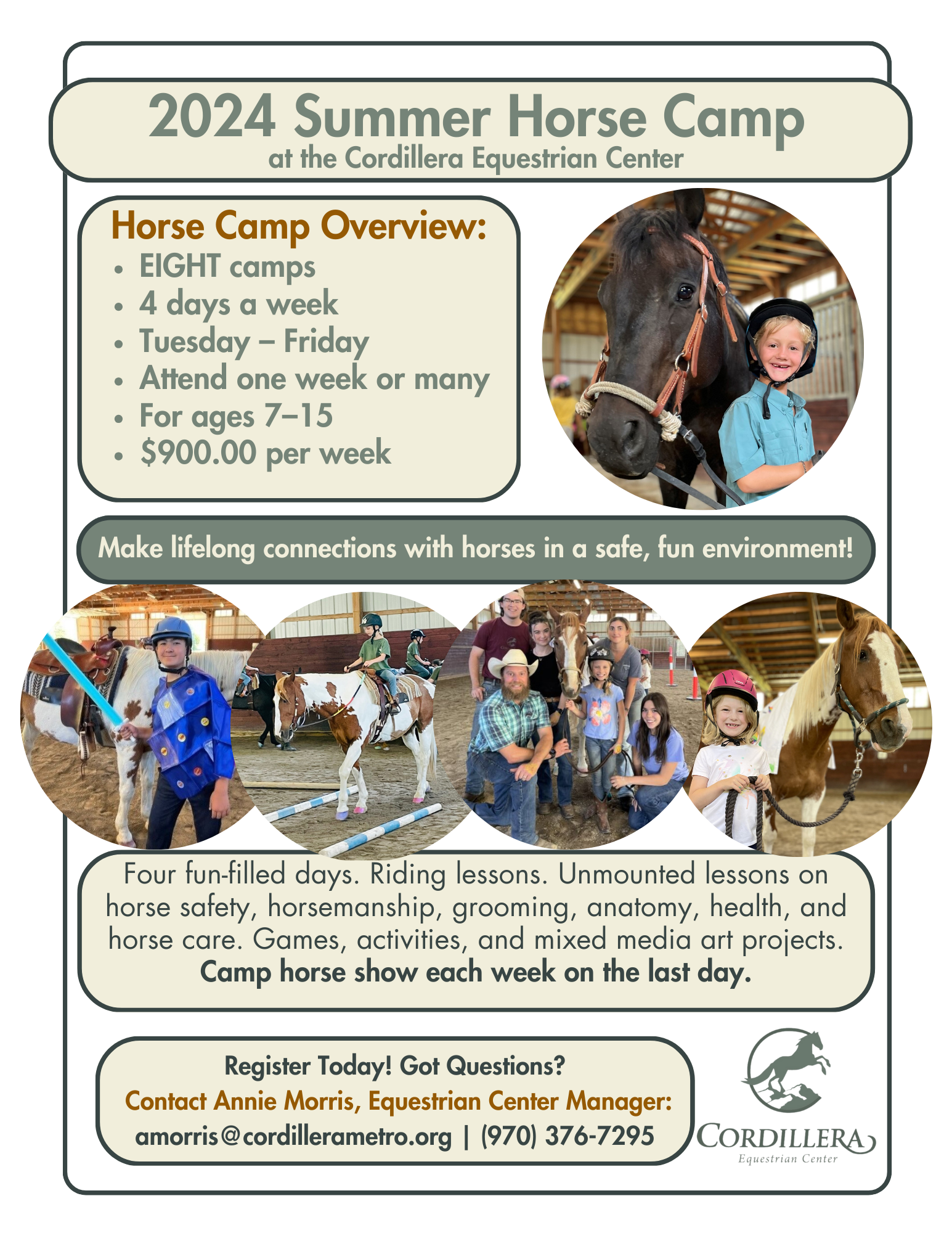 This flyer includes details about Cordillera's Summer 2024 Horse Camps.