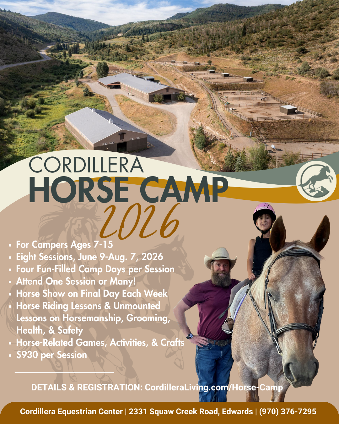 View of Cordillera Equestrian Center and a camp instructor with a camper on a horse